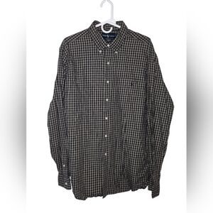 Ralph Lauren Navy Blue Tan Plaid Classic Fit Button Shirt Men's Size XL EUC